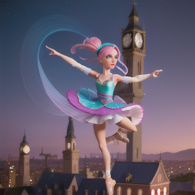 Image For Post Anime Art, Time-bending ballet dancer, ombre blue and pink hair with a delicate bandana, poised gracefully atop a clock