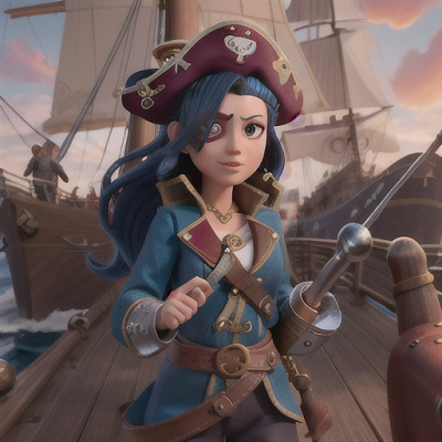 Image For Post Anime Art, Daring pirate captain, dark blue hair with an eye patch, on the wooden deck of a grand pirate ship