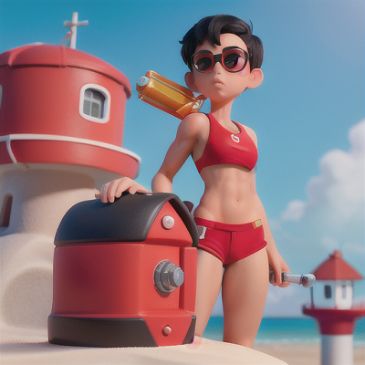 Image For Post Anime Art, Muscular lifeguard, short black hair and a whistle, perched on a lifeguard tower