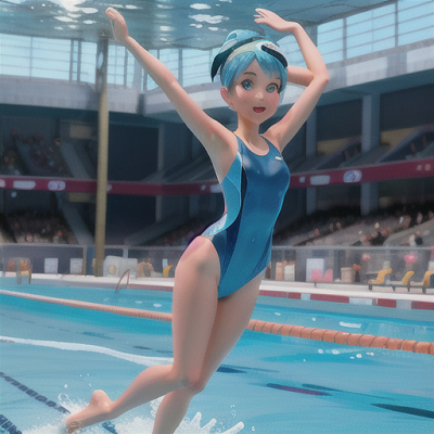 Image For Post Anime Art, Champion swimmer, azure blue hair in a swim cap, in a crystal-clear pool