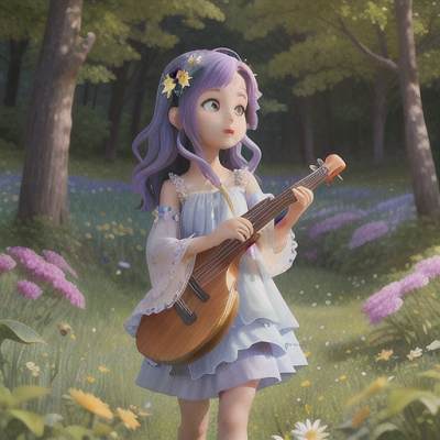 Image For Post Anime Art, Dreamy musician, indigo hair adorned with a daisy, in a meadow filled with wildflowers