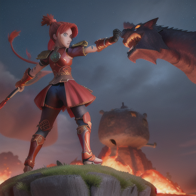 Image For Post Anime Art, Determined quantum warrior, fiery red hair in a high ponytail, atop a floating island in a magical alternate