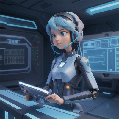 Image For Post Anime Art, Heroic mecha pilot, sky blue hair with futuristic headset, in a haptic control room