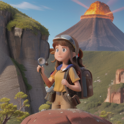 Image For Post Anime Art, Geology student, long brown hair in a ponytail, at the foot of a towering volcano