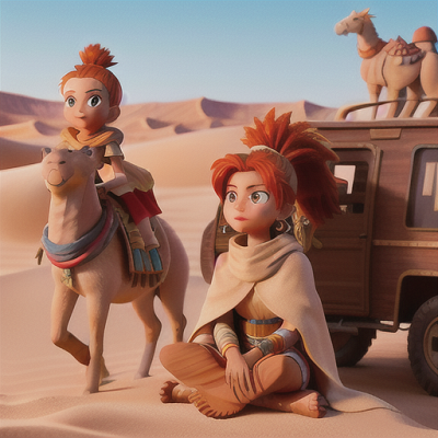 Image For Post | Anime, manga, Desert wanderer girl, sun-streaked red hair in a ponytail, atop a sand dune, gazing into the distance on a camel, a small caravan of fellow travelers in the background, tan shawl and cloak with earth-toned attire, soft and warm anime aesthetic, adventurous yet peaceful atmosphere - [AI Art, Anime Desert Themed Images ](https://hero.page/examples/anime-desert-themed-images-stable-diffusion-prompt-library)