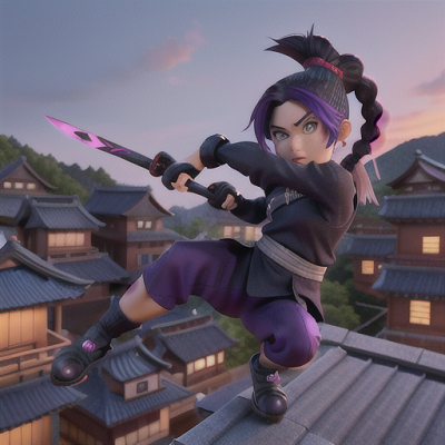 Image For Post Anime Art, Fearless ninja girl, dark violet hair in a braid, on the rooftops of a feudal Japanese town