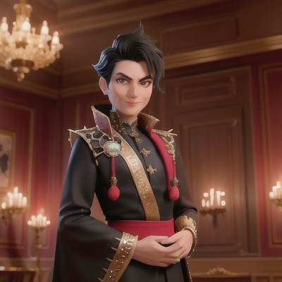 Image For Post Anime Art, Rebellious nobleman, spiky black hair and a confident smirk, at a lavish masquerade ball