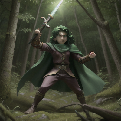 Image For Post Anime Art, Fearless demon slayer, dark green hair swept back, in a haunted forest