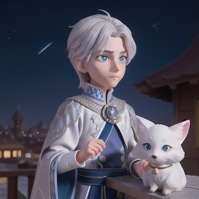Image For Post | Anime, manga, Melancholic prince, silver hair and glistening blue eyes, on a rooftop under a starlit sky, quietly eating a rice ball, a small white fox with a crescent moon mark, regal attire with silver embroidery, moody and subdued colors, a somber and introspective ambience - [AI Art, Anime Eating Scenes ](https://hero.page/examples/anime-eating-scenes-stable-diffusion-prompt-library)