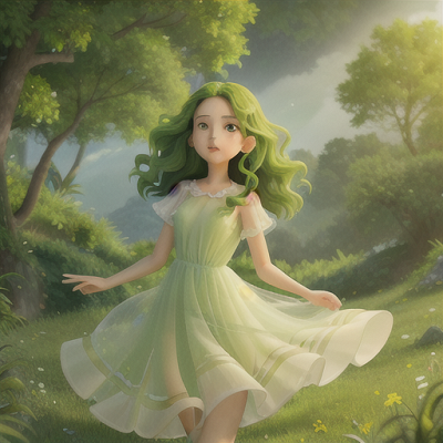 Image For Post Anime Art, Harmonious spirit of the wind, hair like swirling gusts, standing atop a lush green hill