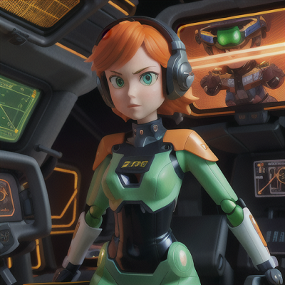 Image For Post Anime Art, Determined mecha pilot, electric orange hair and intense green eyes, inside a high-tech cockpit
