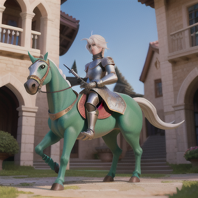Image For Post Anime Art, Chivalrous knight, strong silver hair and piercing green eyes, in a grandiose castle courtyard