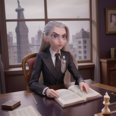 Image For Post | Anime, manga, Manipulative freckled antagonist, long silver hair in a high ponytail, in a luxurious office with towering windows, planning a sinister strategy on a chessboard, an open book of dark secrets on the desk, sharp suit with a purple pocket square, subtle and moody color palette, an air of cunning and danger - [AI Art, Anime Freckled Characters ](https://hero.page/examples/anime-freckled-characters-stable-diffusion-prompt-library)