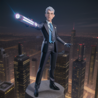 Image For Post Anime Art, Confident businessman, slick silver hair and piercing blue eyes, anime-themed urban cityscape