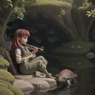 Image For Post Anime, turtle, holodeck, harp, trumpet, flood, HD, 4K, AI Generated Art