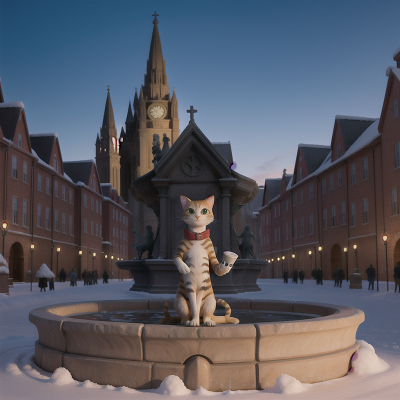 Image For Post Anime, cat, cathedral, fountain, statue, snow, HD, 4K, AI Generated Art
