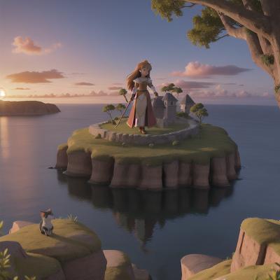Image For Post Anime, knights, island, sunrise, princess, cat, HD, 4K, AI Generated Art