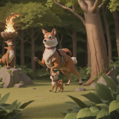 Image For Post Anime, enchanted forest, kangaroo, fire, hero, dog, HD, 4K, AI Generated Art