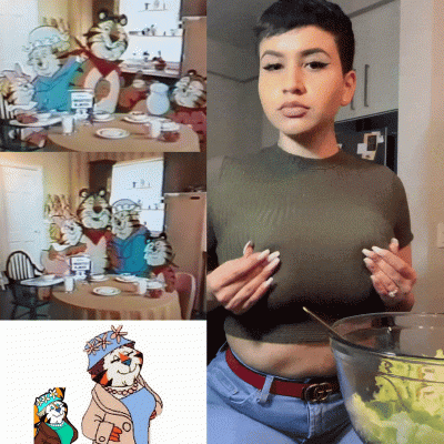 Image For Post | Requesting Mrs. Tony, wife of Tony the Tiger, doing like in the gif on the right, right there on the Breakfast table, over a big bowl of Frosted Flakes. Maybe enticing her son to finish up his daily bowl of Frosted Flakes?
If possible have her wear that same crop-top and jeans outfit, please.