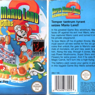Image For Post | **Description**  
Second in the Game Boy's line of Mario games, this one takes the evolutionary steps that Super Mario 3 for the NES took with it's predecessors. New graphics, power-ups, challenges, and a completely original storyline. A bad version of Mario, Wario, takes over Mario's castle and locks him out using 6 golden coins. Mario must search for said coins all over Mario Land to take back his castle and go one-on-one with Wario himself.

**Music**  

The music was composed by Kazumi Totaka, and it is one of his earliest works. "Totaka's Song" is also hidden in the game and can be heard in the Game Over screen after waiting for 2 minutes and 30 seconds.

**LEGO**  
The final level in the "Mario Zone" is built partly on LEGO bricks.

**Wario**  
This game marks the first official appearance of Wario. 

**Fan made color conversion**  
In 2017 Daniel Davis, Drakon released the first version of "Super Mario Land 2 DX", a hack of the game adding a basic color palette to the game. The modified game works on Game Boy Color emulators as well as the real hardware. Apart from the new palette, the hack claims to have reduced the noticeable slowdowns in the original game

**Legacy**  
The January 1993 issue of Nintendo Power magazine contained a 10-page comic entitled Mario vs. Wario which was a loose retelling of Super Mario Land 2's plot. In the comic, Mario's childhood playmate Wario invites him over to his castle to "catch up on things". Unbeknownst to Mario, however, Wario is secretly plotting revenge on Mario who he believes used to bully him when they were children. During his trip to Wario's castle, Mario encounters several of the bosses from the game who were sent by Wario to eliminate Mario, a detail of which Mario is unaware. Upon reaching Wario's castle, Mario encounters a giant Wario whom Mario defeats by pulling a plug on his overalls. The comic ends with Mario apologizing to Wario and playing cowboys with Wario once again vowing revenge on Mario. In August 2016, it was reported that Mario vs. Wario and its predecessor Super Mario Adventures would be re-released by VIZ Communications.

**Re-release**  
The game was released for the Nintendo 3DS's Virtual Console service via the eShop on September 29, 2011, in North America and Europe, and was released on October 12, 2011, in Japan.

**Alternate Titles**  
    "スーパーマリオランド２・６つの金貨" -- Japanese spelling
    "Mario Land 2: 6 no Kin-ka" -- Literal Japanese title