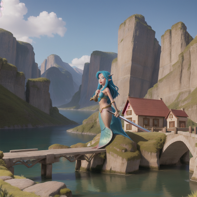 Image For Post Anime, sword, mermaid, bridge, mountains, troll, HD, 4K, AI Generated Art