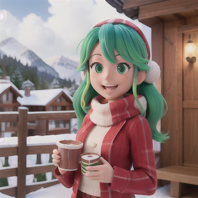 Image For Post Anime Art, Charming ski resort employee, vibrant green hair and a welcoming smile, working at a picturesque anime-style