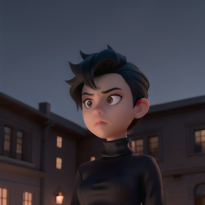 Image For Post Anime Art, Determined actor, daring black hair styled in spikes, practicing under a moonlit sky in the school's courtya