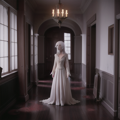 Image For Post Anime Art, Vengeful ghost, platinum blonde hair with supernatural glow, in a long-abandoned mansion