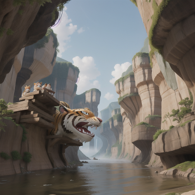 Image For Post Anime, river, cave, fog, sabertooth tiger, village, HD, 4K, AI Generated Art