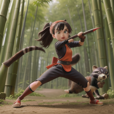 Image For Post Anime Art, Rebellious ninja trainee, messy brown hair and vibrant red eyes, practicing amidst a bamboo grove