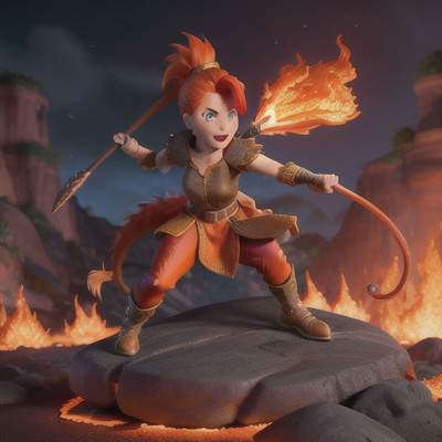 Image For Post Anime Art, Daring dragon tamer, vivid orange hair in a ponytail, at the edge of a fiery volcano