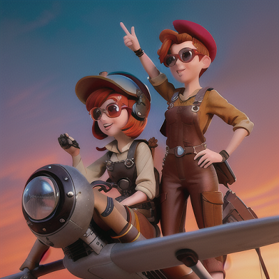 Image For Post Anime Art, Adventurous pilot, fiery red hair and aviator glasses, soaring through a dieselpunk cityscape