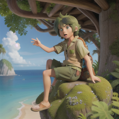 Image For Post Anime Art, Adventurous island explorer, shaggy green hair and a determined expression, discovering a hidden cove
