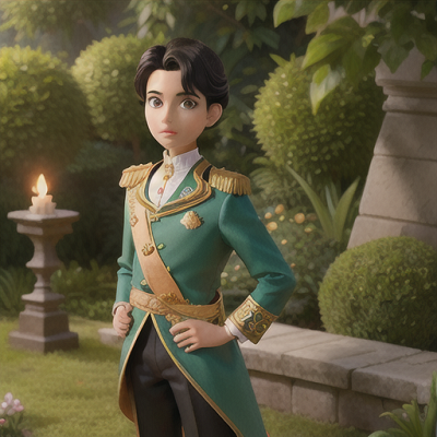 Image For Post Anime Art, Ambitious young prince, striking black hair neatly styled, standing in a verdant palace garden