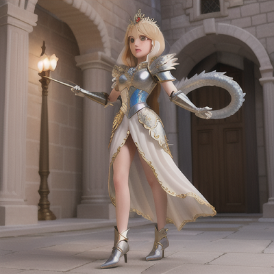Image For Post Anime Art, Gallant knight, platinum blonde hair with a jeweled tiara, in a majestic castle courtyard