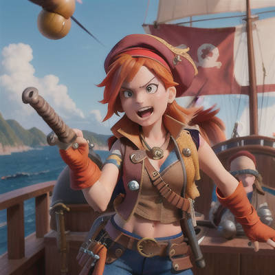Image For Post Anime Art, Feisty pirate captain, vibrant orange hair in a bandana, aboard her flagship on rough seas