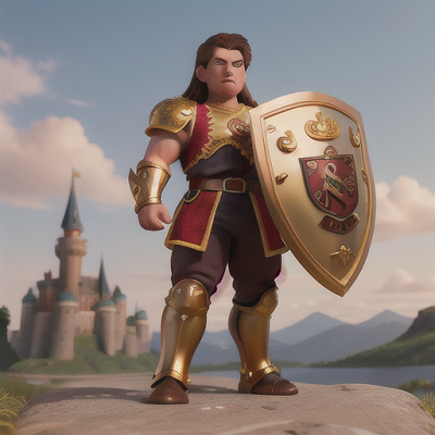 Image For Post Anime Art, Proud and muscular knight, fierce golden eyes and short brown hair, standing tall in front of a massive cast