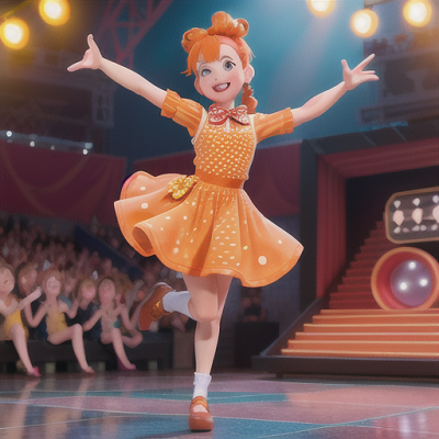 Image For Post Anime Art, Quirky tap dancer, vibrant orange hair in pigtails, performing on a lively outdoor festival stage
