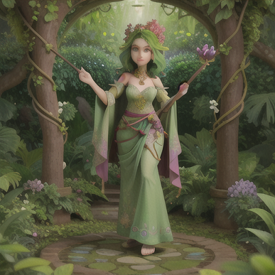 Image For Post Anime Art, Nature-wielding sorceress, vibrant forest-green hair, in a lush botanical garden