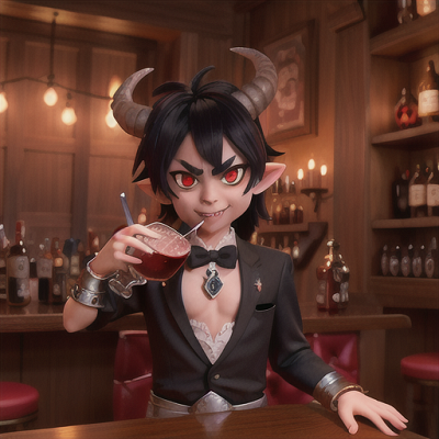 Image For Post | Anime, manga, Mischievous demon prince, black horns and red eyes, in a demon world tavern, sneaking a taste of another patron's drink, winged and irritated bartender catching him in the act, adorned with silver royal accessories, bold and dark anime style, a humorous and cheeky moment - [AI Art, Anime Laughing Moments ](https://hero.page/examples/anime-laughing-moments-stable-diffusion-prompt-library)
