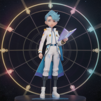 Image For Post Anime Art, Astute navigator, androgynous look with sky-blue hair, in front of a massive holographic star map