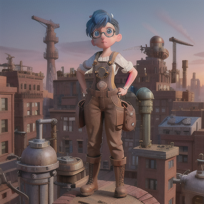 Image For Post Anime Art, Young steampunk engineer, short blue hair with goggles, standing on a rooftop amidst a bustling industrial c