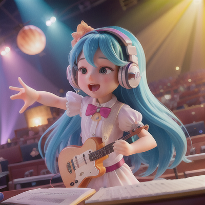 Image For Post Anime Art, Multi-talented musician, baby blue long hair with headphones, in an energetic concert hall