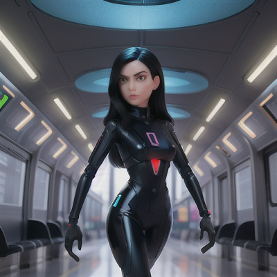Image For Post Anime Art, Agent from the future, sleek black hair and cybernetic eye, in a time-traveling train station