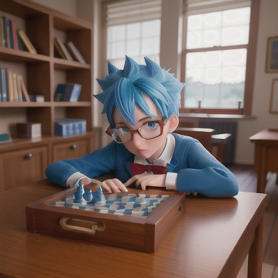 Image For Post Anime Art, Diligent student chess champion, spiky blue hair and glasses, in a quiet school clubroom