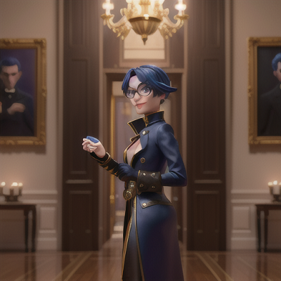 Image For Post Anime Art, Cunning phantom thief, midnight blue hair and an enigmatic smile, inside a grand museum
