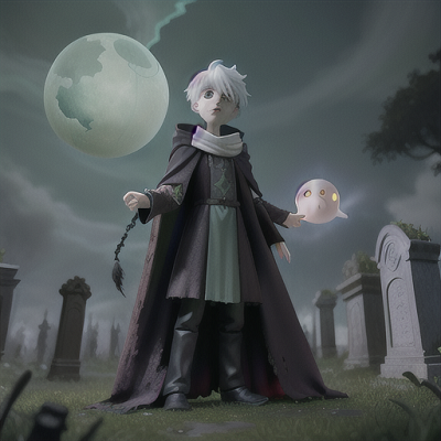 Image For Post Anime Art, Spectral summoner boy, ghost-white hair and eerie green eyes, in a haunted graveyard