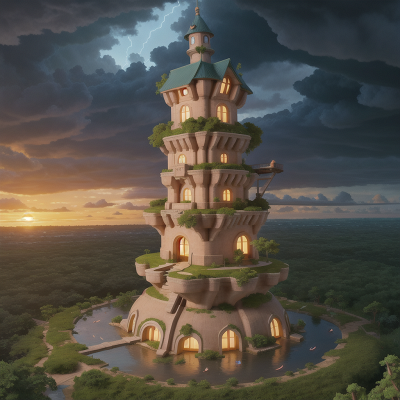 Image For Post Anime, tower, forest, storm, underwater city, sunset, HD, 4K, AI Generated Art