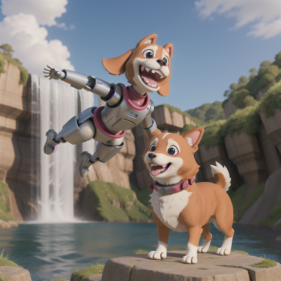 Image For Post Anime, robotic pet, laughter, flying, waterfall, dog, HD, 4K, AI Generated Art