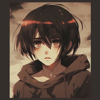 Image For Post | Attack on Titan's Eren in muted tones and with subtle textures. aesthetic anime character pfp anime pfp - [Aesthetic Anime Pfp](https://hero.page/pfp/aesthetic-anime-pfp)